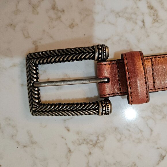 Elite Accessories Genuine Leather Belt Medium Brown Ornate Buckle Silver - Picture 3 of 9